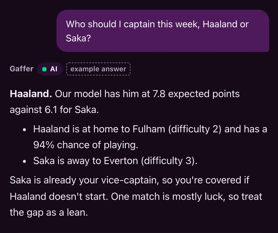 A question to the Gaffer about captaining Haaland or Saka, and an example answer quoting expected points and fixtures.