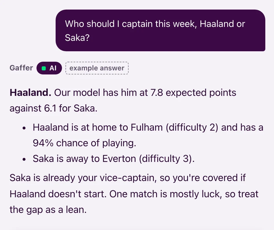 A question to the Gaffer about captaining Haaland or Saka, and an example answer quoting expected points and fixtures.